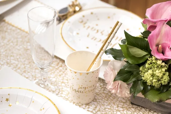 20 cannucce Joyeux Anniversaire bianco-oro