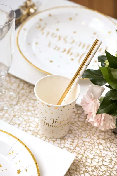20 cannucce Joyeux Anniversaire bianco-oro