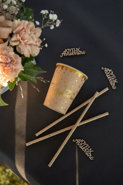 20 cannucce Joyeux Anniversaire bianco-oro