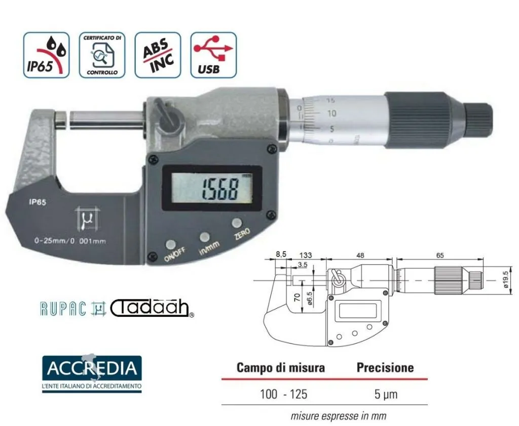 2391250C Rupac micrometro per esterni digitali Serie Digitronic Plus.100-125, millesimale, USB, IP65 con certificato ACCREDIA