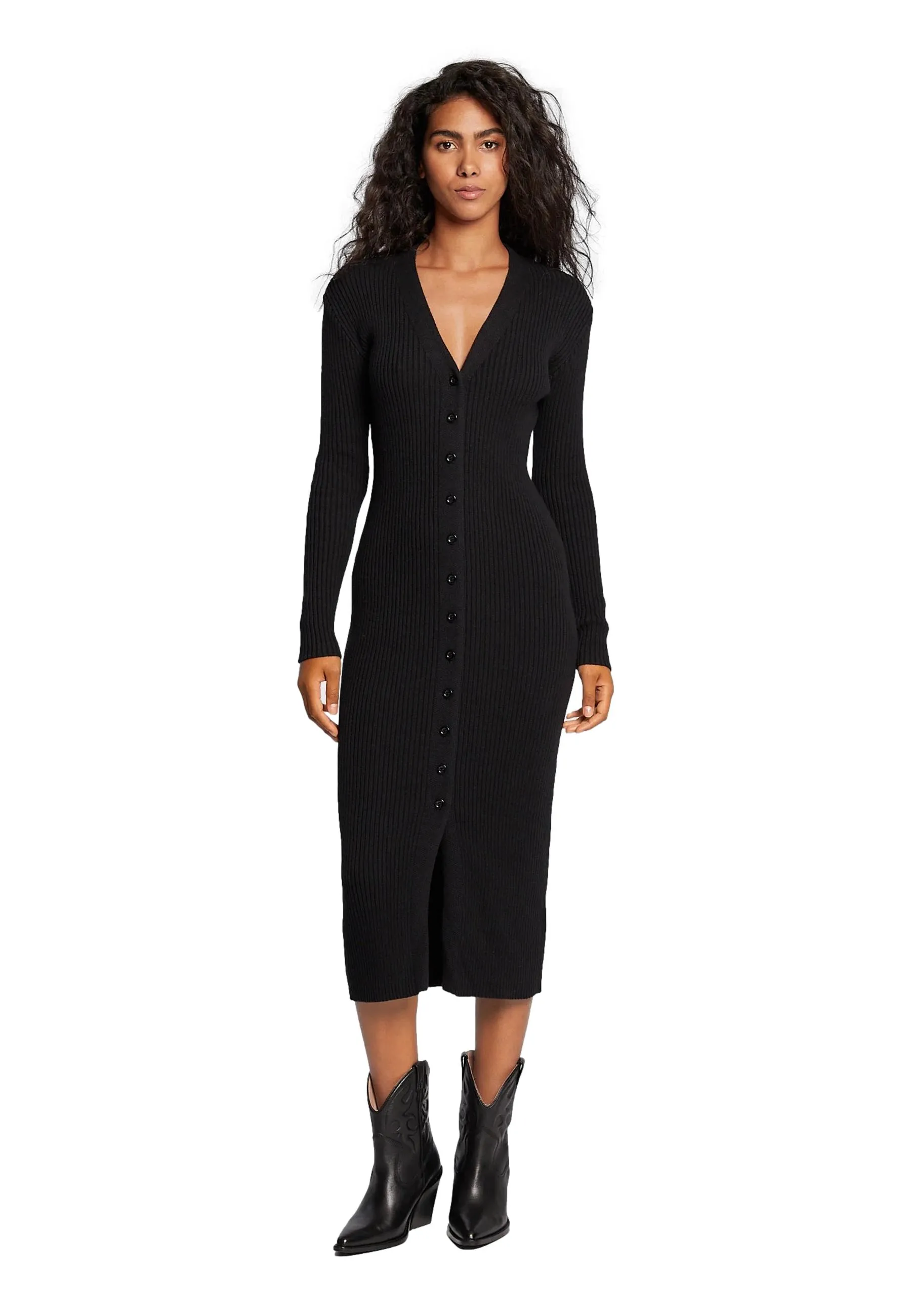 Abito midi nero in maglia skinny con maniche lunghe e scollo a V