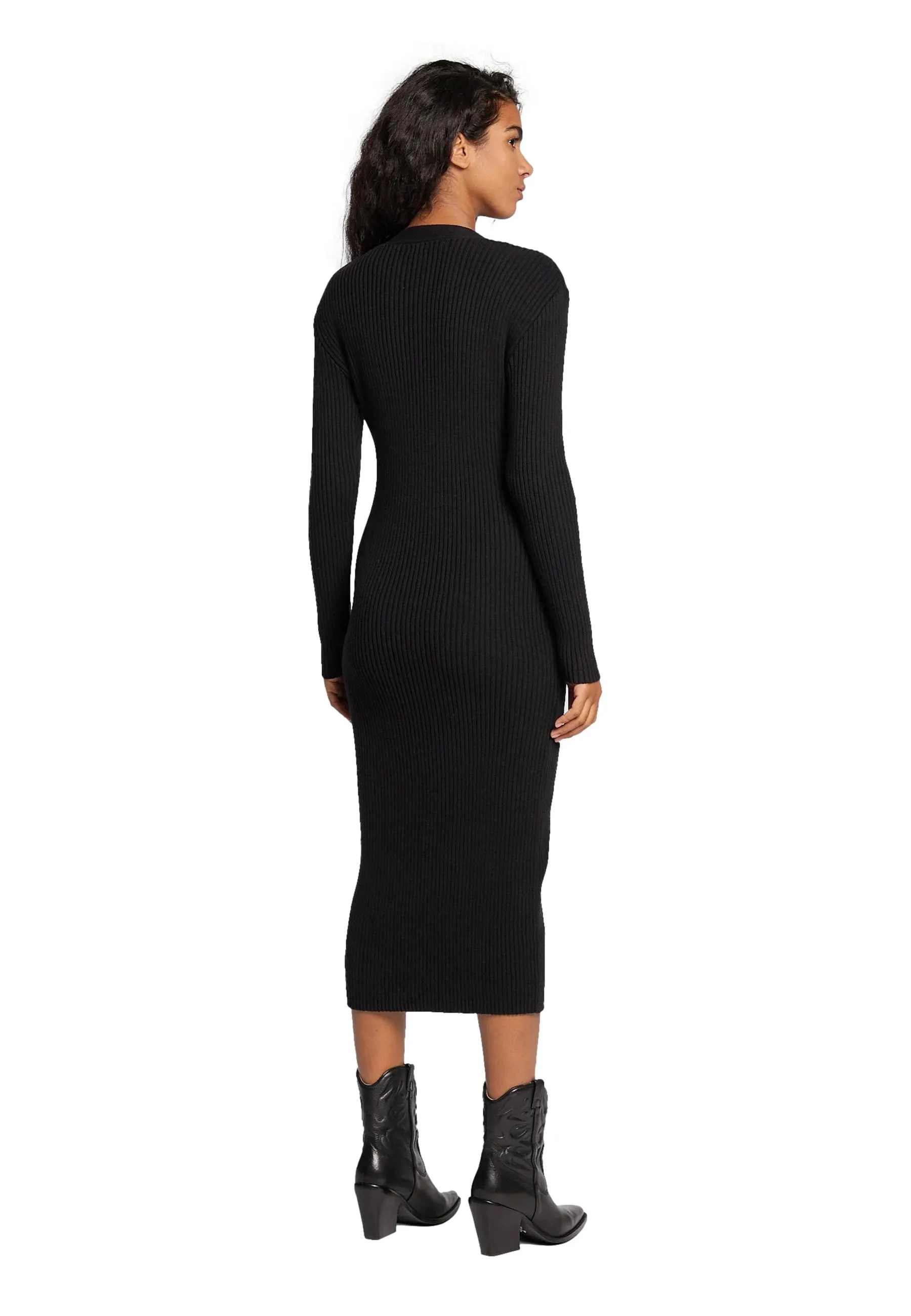 Abito midi nero in maglia skinny con maniche lunghe e scollo a V
