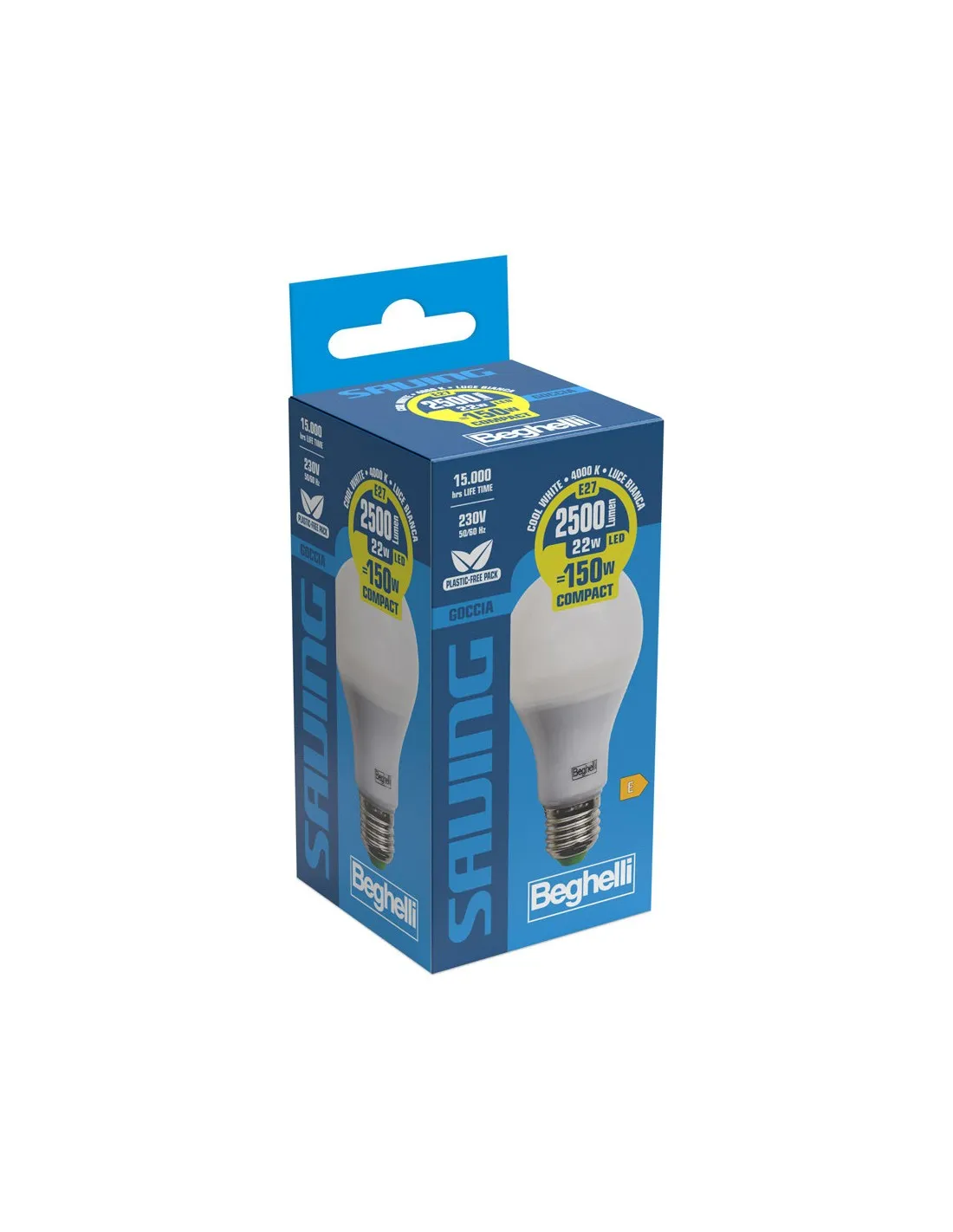 Beghelli 56157 Lampada LED E27 22W Luce naturale, 2500 Lumen, Resa 150W, 4000K, Goccia, Apertura luce 270 Gradi