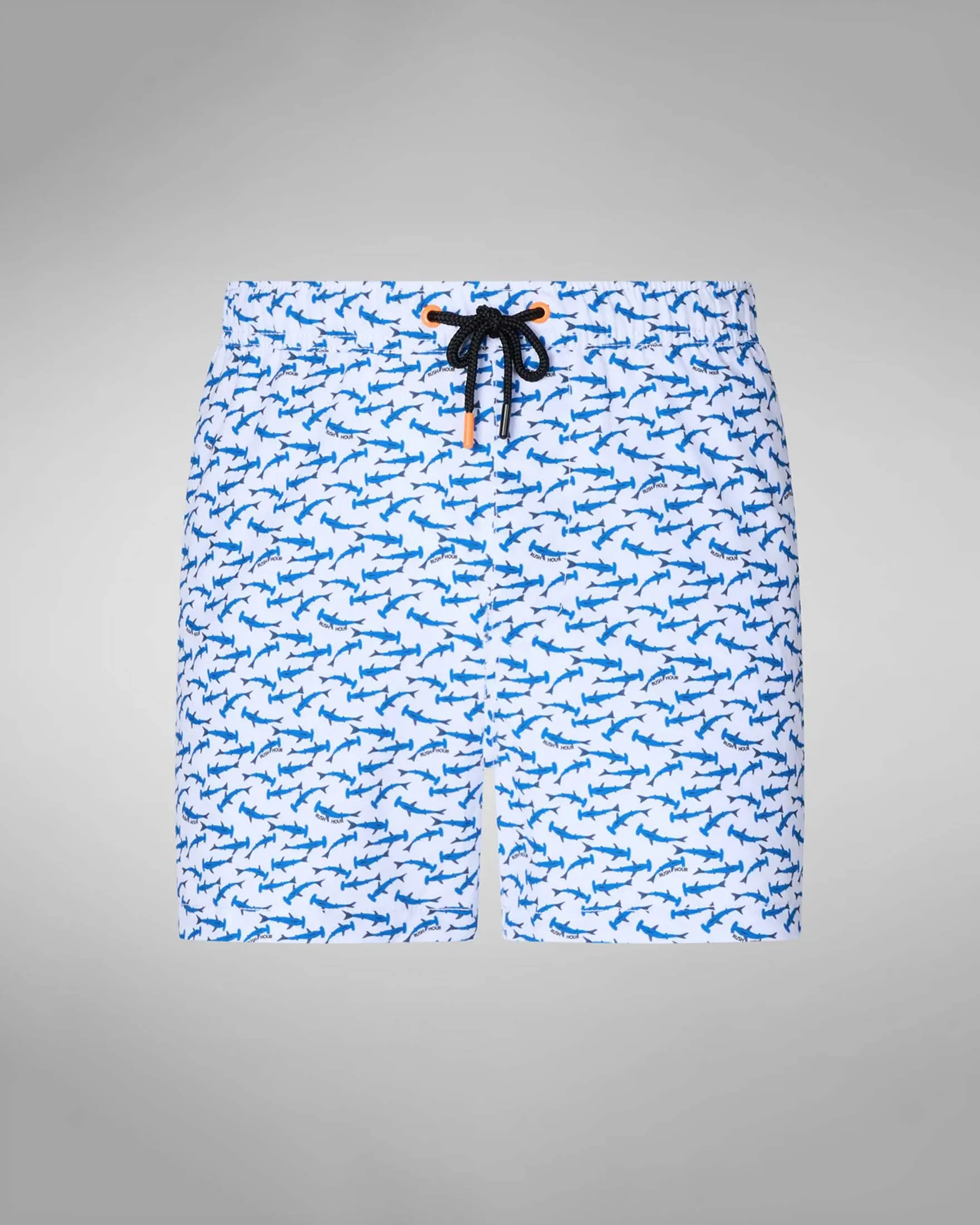 Boxer mare bianco con stampa squali martello in tessuto stretch ad asciugatura rapida