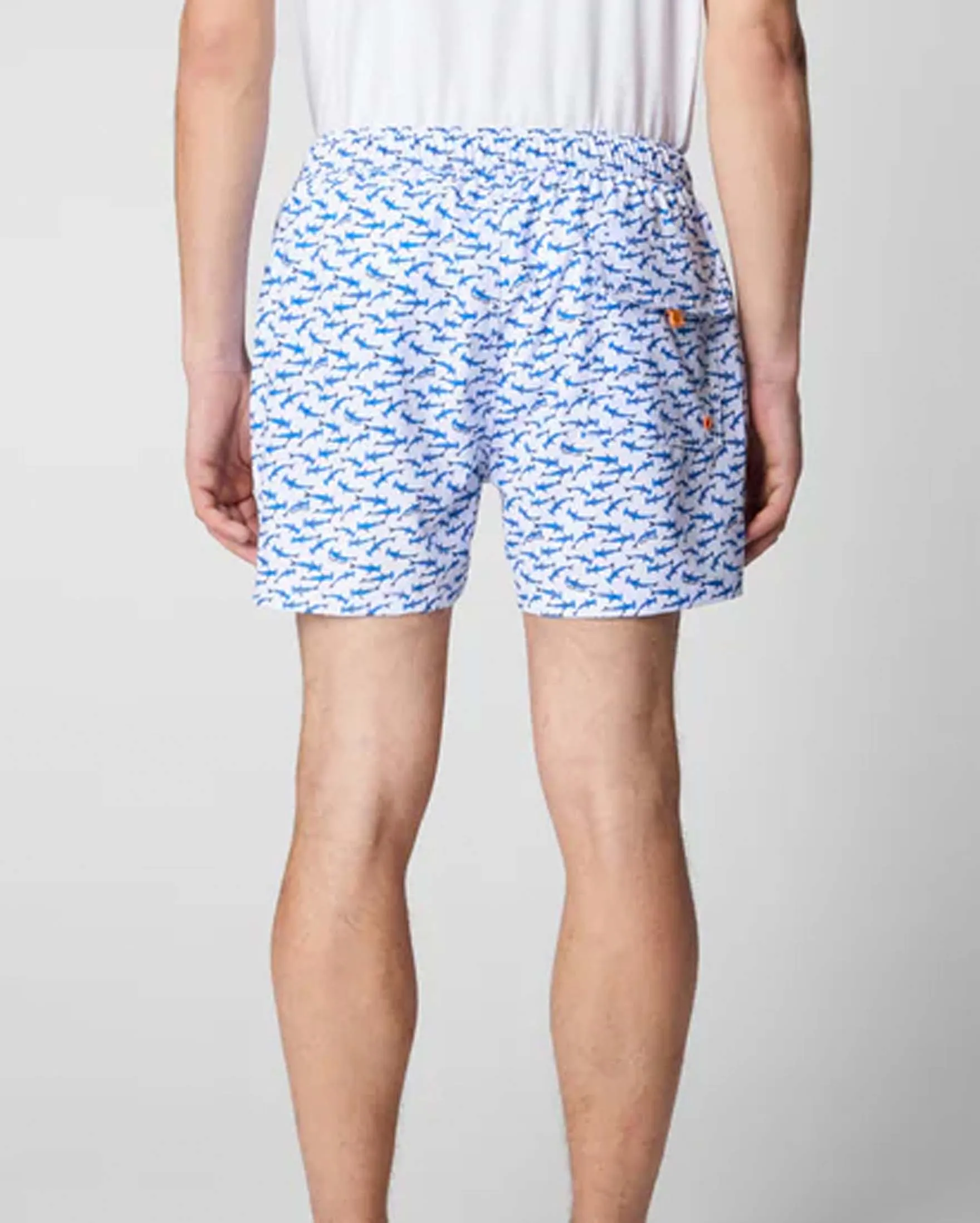 Boxer mare bianco con stampa squali martello in tessuto stretch ad asciugatura rapida