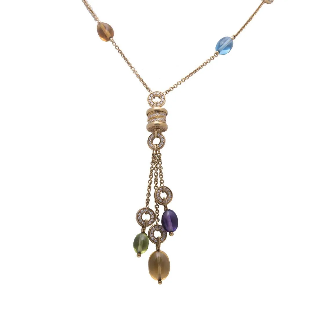 Collana in oro giallo con diamanti e pietre semi-preziose