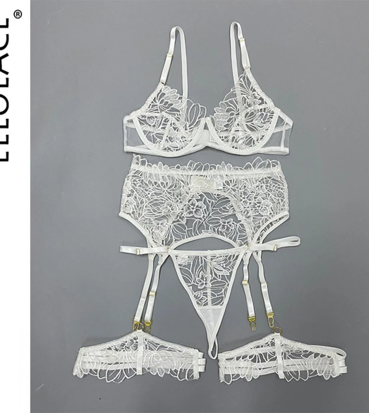 Ellolace Lingerie Biancheria intima con ricami floreali Set di slip con giarrettiere Reggiseno con ferretto trasparente Kit per