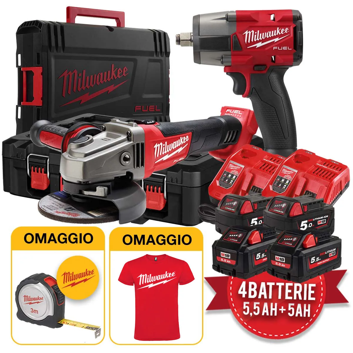 Kit utensili Milwaukee 18V Fuel - Smerigliatrice M18CAG125X + Avvitatore ad impulsi M18FMTIW2F12