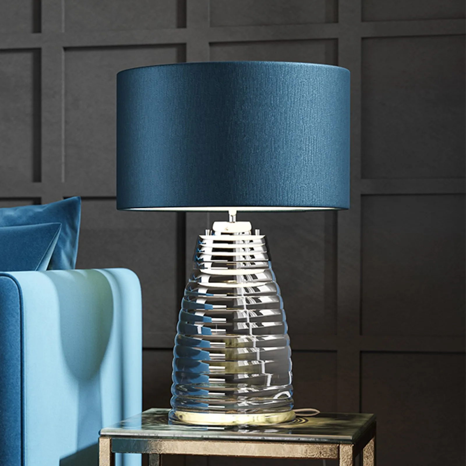 Lampada da tavolo Milne base di vetro paralume blu