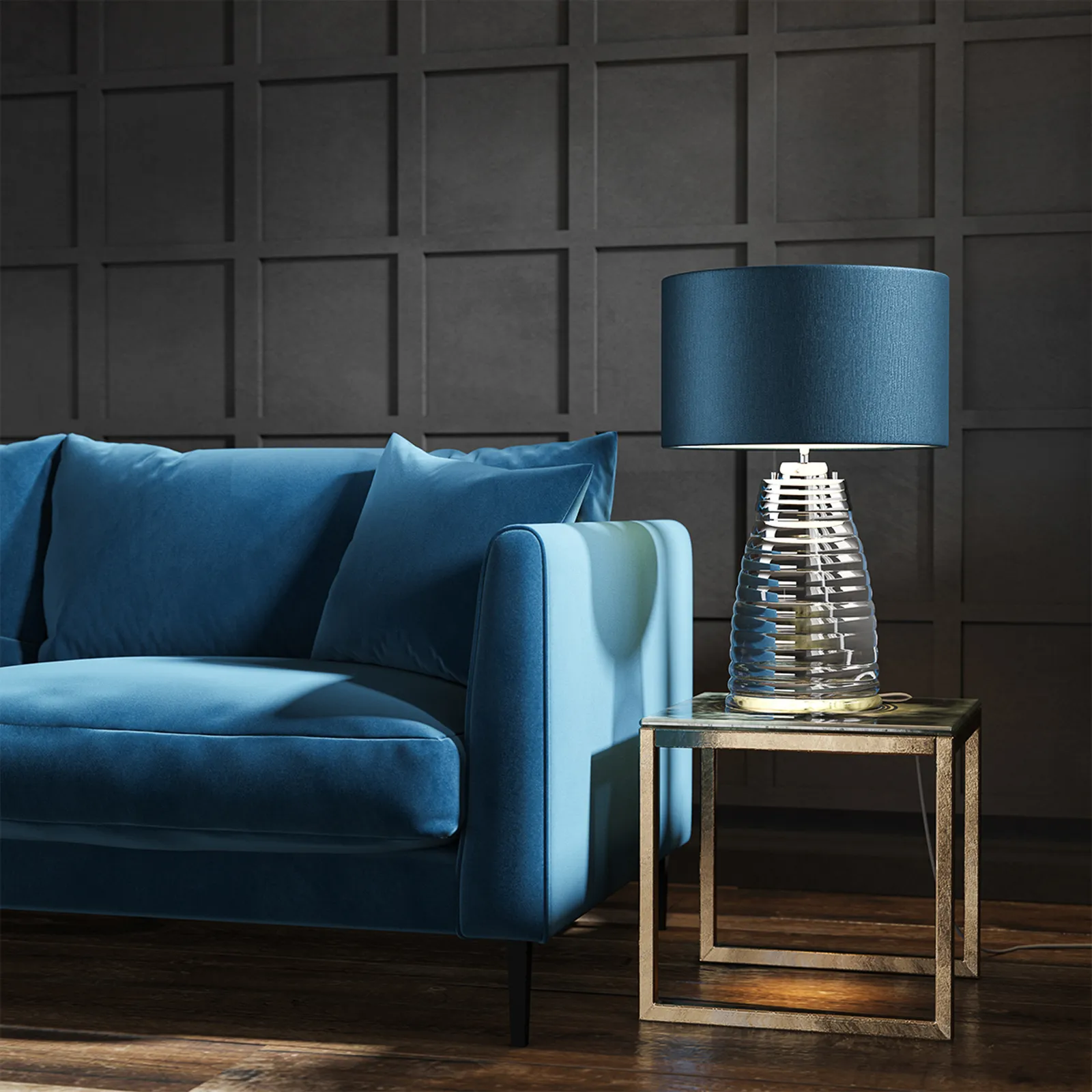 Lampada da tavolo Milne base di vetro paralume blu
