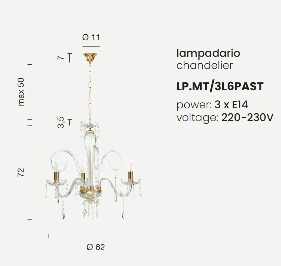 Lampadario Classico 3 Luci Vetro E Cristallo Maria Teresa L6 Ondaluce