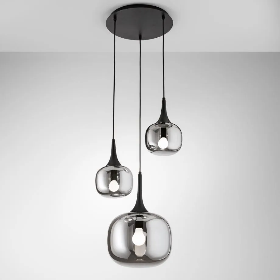 Lampadario Moderno 3 Luci Bocce Vetro Fume Per Soggiorno