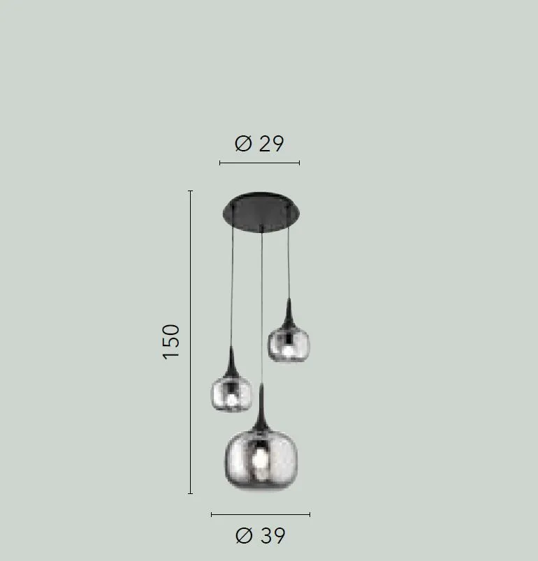 Lampadario Moderno 3 Luci Bocce Vetro Fume Per Soggiorno