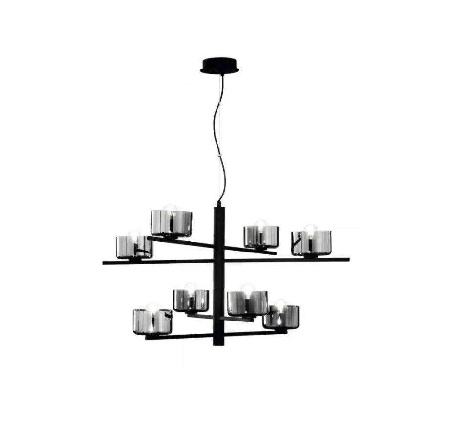 Lampadario Soggiorno Nero Coppe Vetro Fume 8 Luci Figaro Ondaluce