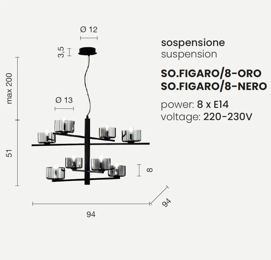 Lampadario Soggiorno Nero Coppe Vetro Fume 8 Luci Figaro Ondaluce