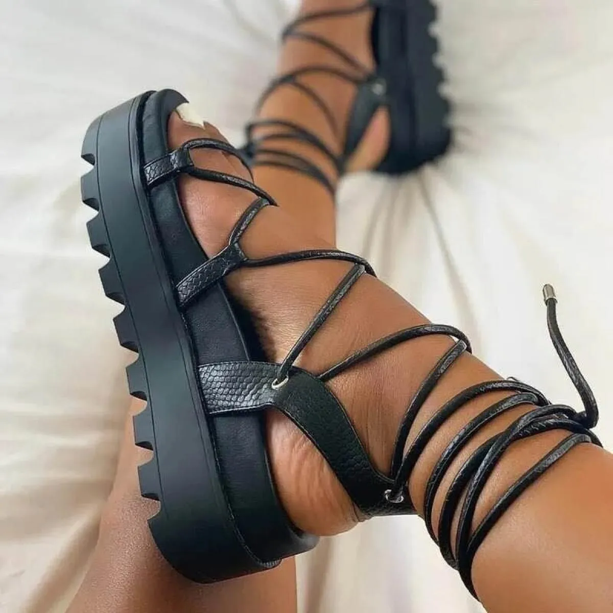 Moda Donna Sandali Gladiatore Scarpe con zeppa da donna Scarpe con plateau stringate femminili Scarpe con cinturino incrociato d
