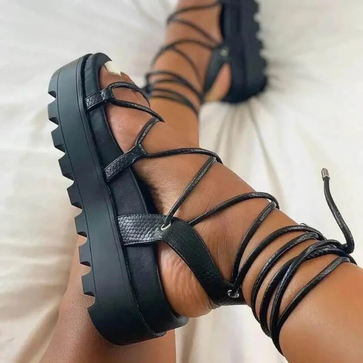 Moda Donna Sandali Gladiatore Scarpe con zeppa da donna Scarpe con plateau stringate femminili Scarpe con cinturino incrociato d