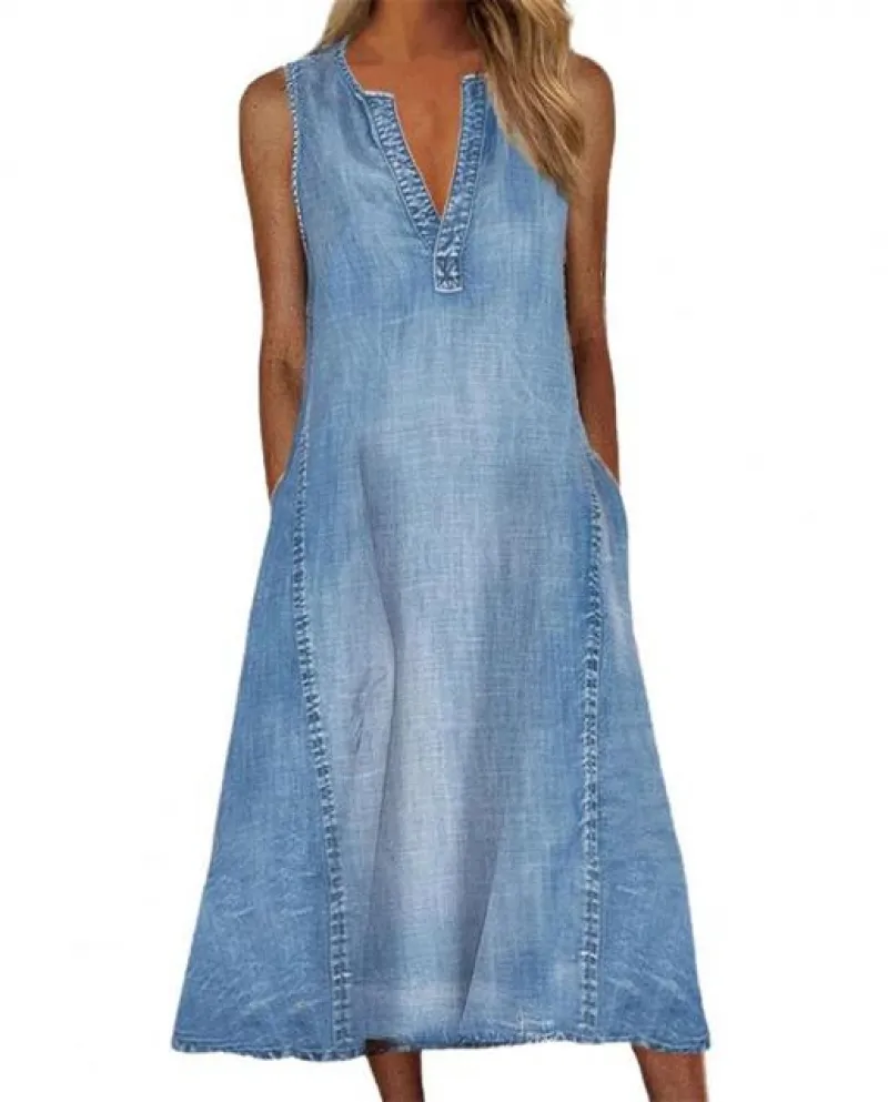 Nuovi abiti casual con scollo a V senza maniche Abito in denim con tasche primaverili