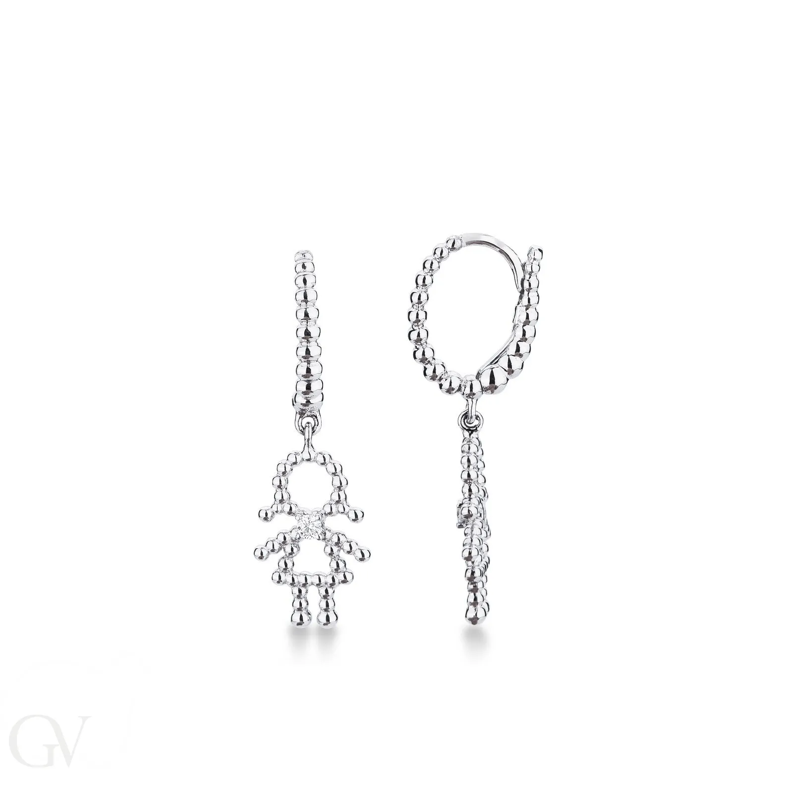 Orecchini in oro bianco 18k con pendenti di bimba e diamanti