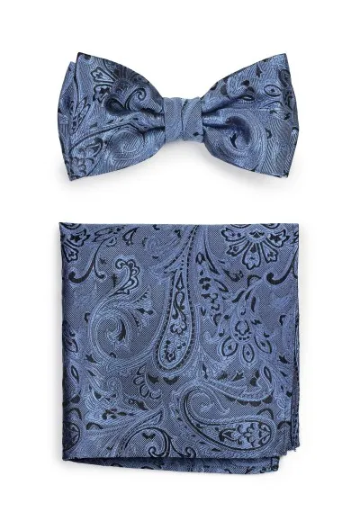 Papillon da uomo con fazzoletto da taschino modello Paisley blu acciaio