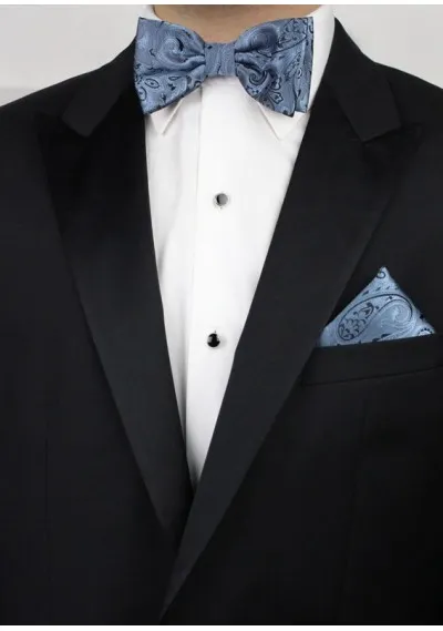 Papillon da uomo con fazzoletto da taschino modello Paisley blu acciaio
