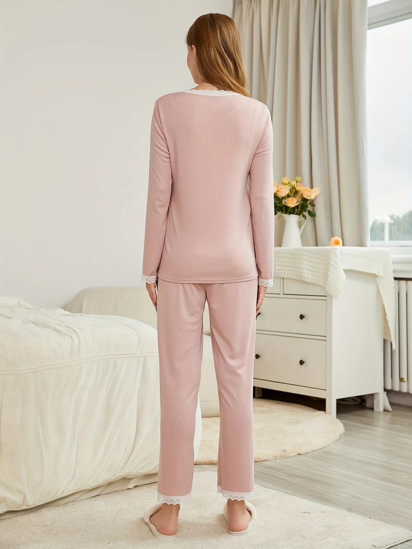 Pigiama Premaman Da Donna Con Finiture In Pizzo Tinta Unita, Comodo Scollo A V Maniche Lunghe Con Bottoni E Pantaloni Elasticizz