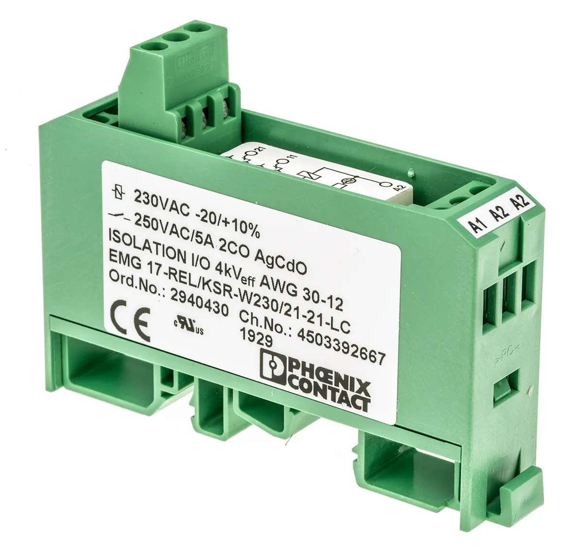 Relè d'interfaccia Phoenix Contact serie EMG 17-REL/KSR-W230/21-21-LC, bobina 230V ca, Guida DIN, contatti DPDT