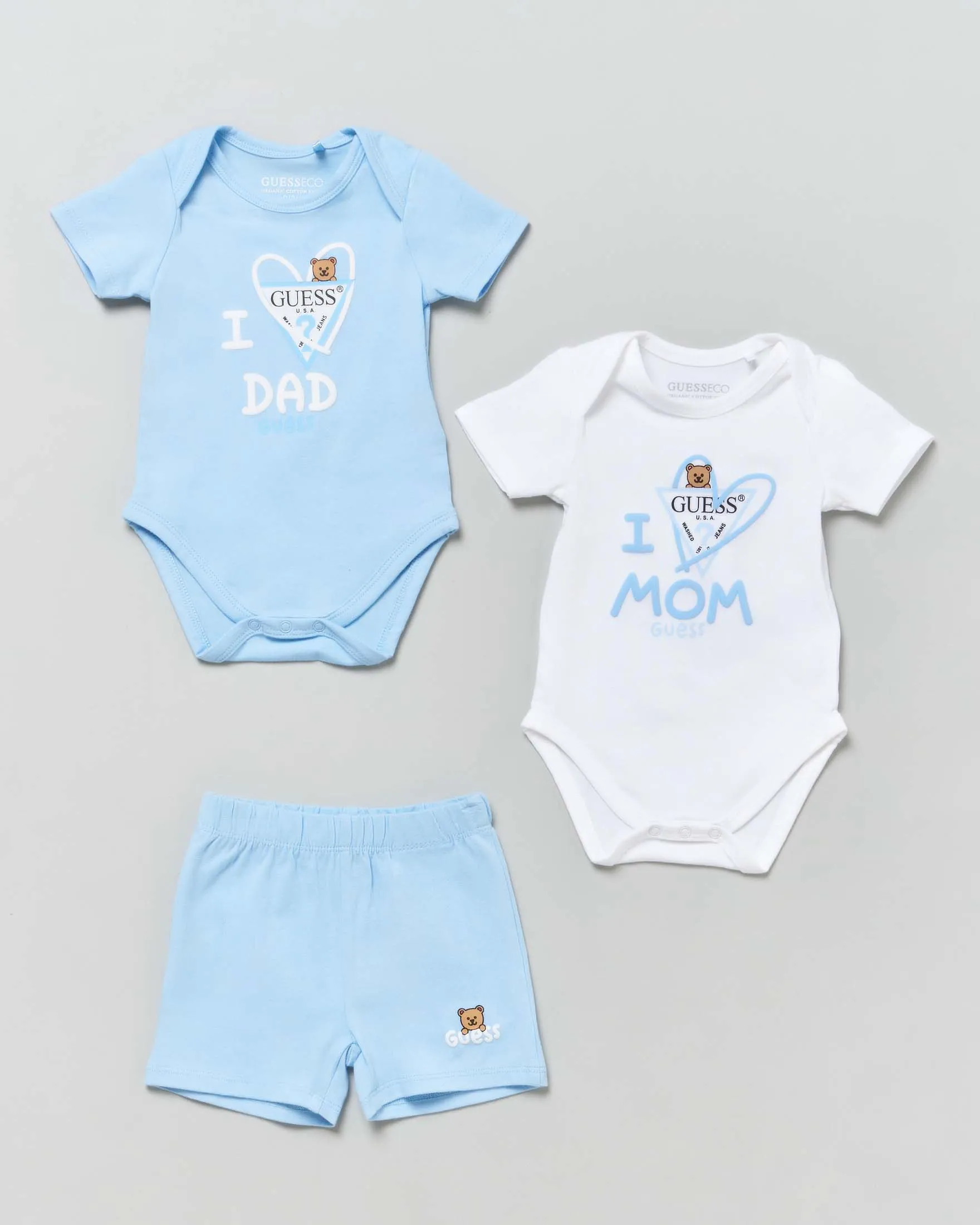 Set composto da due body a maniche corte e pantaloncini in cotone stretch con stampa Love Dad e Mom 3-6 mesi