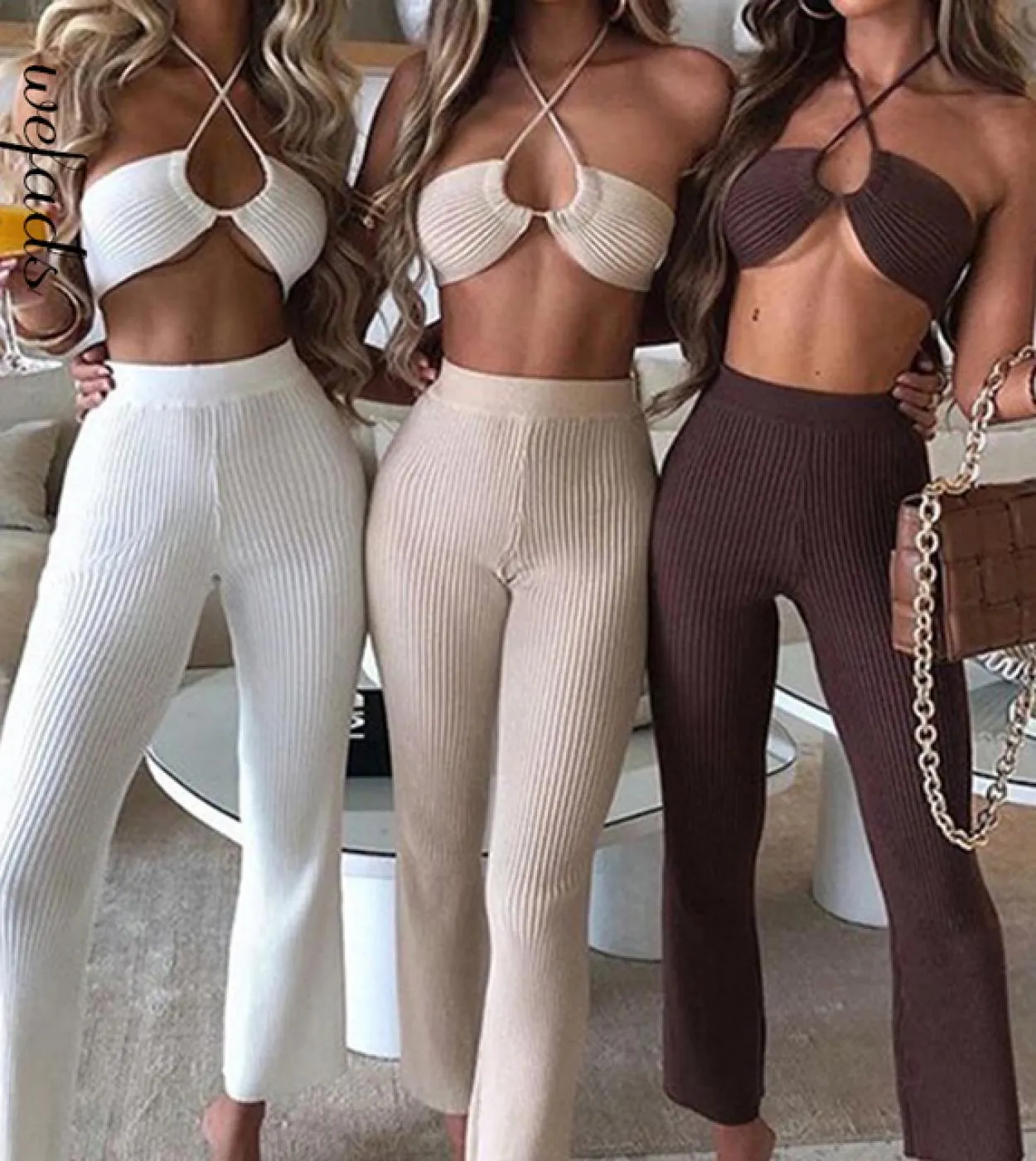 Wefads Tuta da donna in due pezzi con coulisse e scollo allamericana Abito casual stile club party in set di abiti estivi